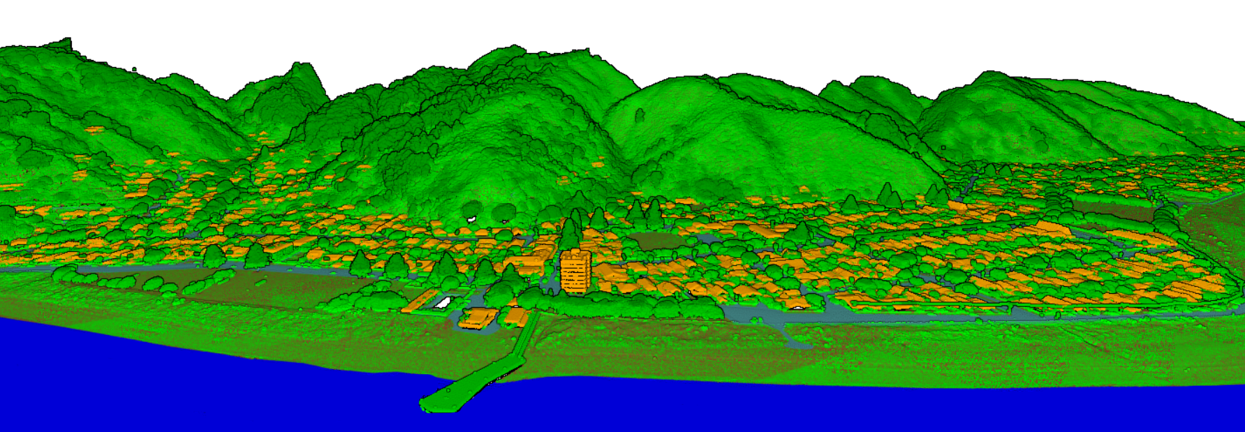 Digital terrain model showing classified terrain and landscape elevation